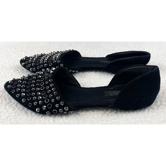 SHOEMINT • Cameron Black Suede Studded Pointed-Toe Flats