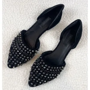 SHOEMINT • Cameron Black Suede Studded Pointed-Toe Flats