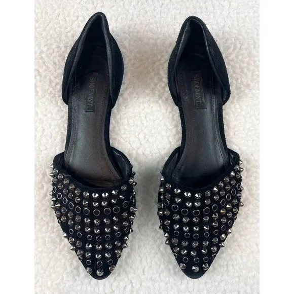 SHOEMINT • Cameron Black Suede Studded Pointed-Toe Flats