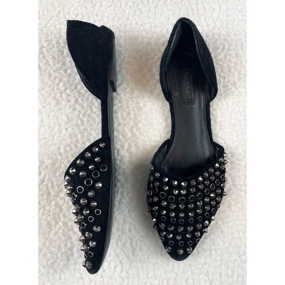 SHOEMINT • Cameron Black Suede Studded Pointed-Toe Flats