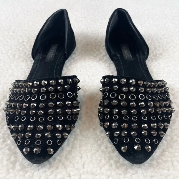 SHOEMINT • Cameron Black Suede Studded Pointed-Toe Flats