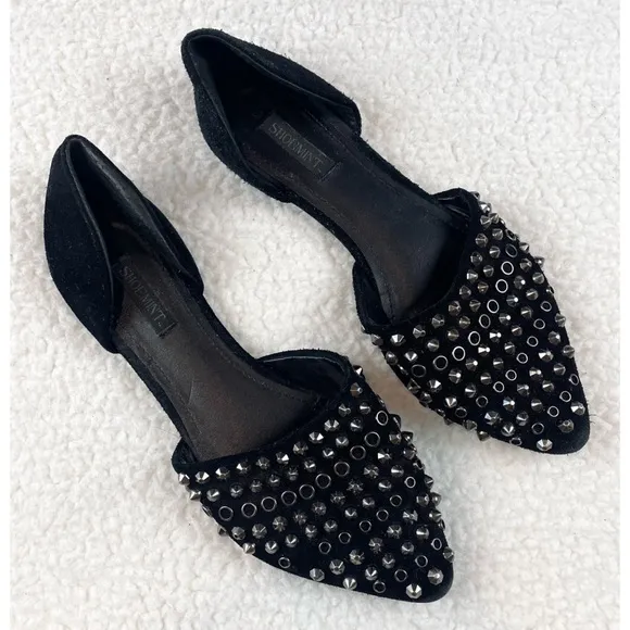 SHOEMINT • Cameron Black Suede Studded Pointed-Toe Flats