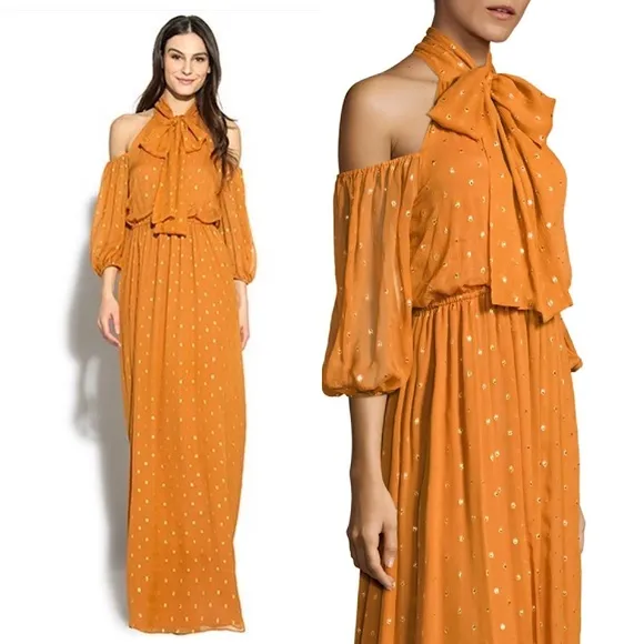 SHOSHANNA Silk Chiffon Metallic Dot Shoulder Cutout Puff Sleeve Tie Neck Dress 0
