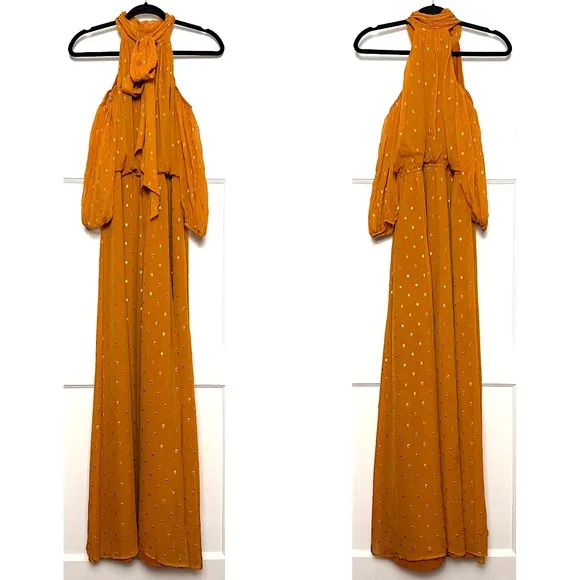 SHOSHANNA Silk Chiffon Metallic Dot Shoulder Cutout Puff Sleeve Tie Neck Dress 0