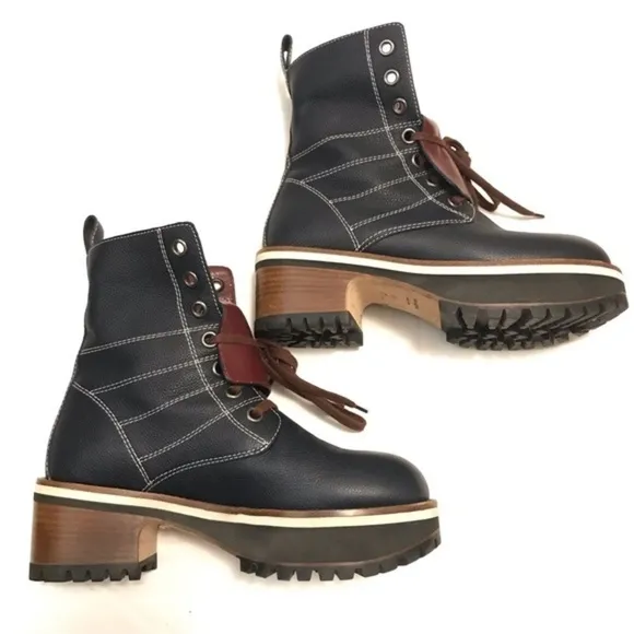 SIES MARJAN Lace-up Leather Platform Boots In Blue