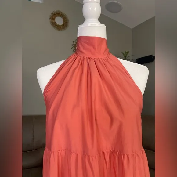 SO CHIC NWT Theory Tech Lawn Halter Tier Mini Dress in Pink Coral Sz M Medium