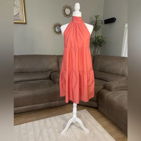 SO CHIC NWT Theory Tech Lawn Halter Tier Mini Dress in Pink Coral Sz M Medium