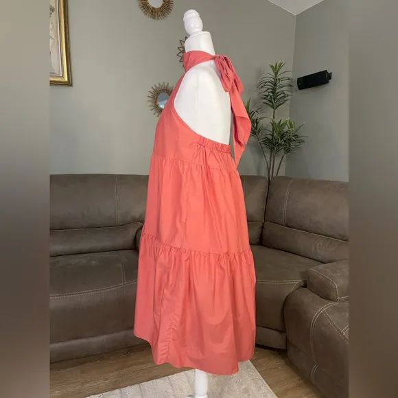 SO CHIC NWT Theory Tech Lawn Halter Tier Mini Dress in Pink Coral Sz M Medium