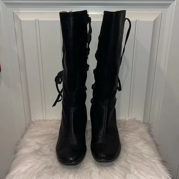 Sofft black leather knee boots side zip back lace up Whimsigoth witchy boho 8.5