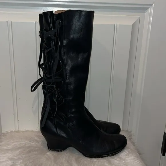 Sofft black leather knee boots side zip back lace up Whimsigoth witchy boho 8.5