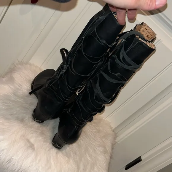 Sofft black leather knee boots side zip back lace up Whimsigoth witchy boho 8.5