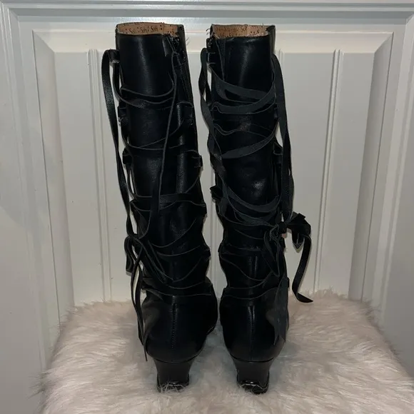 Sofft black leather knee boots side zip back lace up Whimsigoth witchy boho 8.5