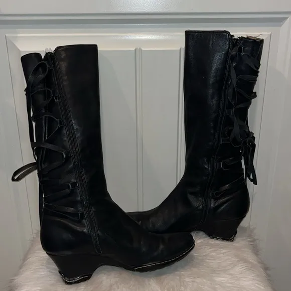 Sofft black leather knee boots side zip back lace up Whimsigoth witchy boho 8.5
