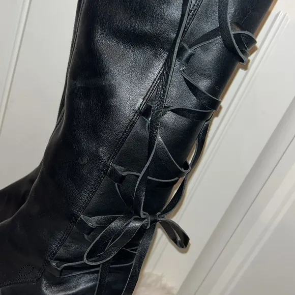 Sofft black leather knee boots side zip back lace up Whimsigoth witchy boho 8.5
