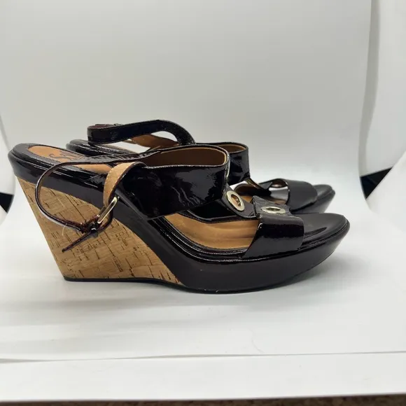 Sofft Patent Leather Grommet Cork Wedges