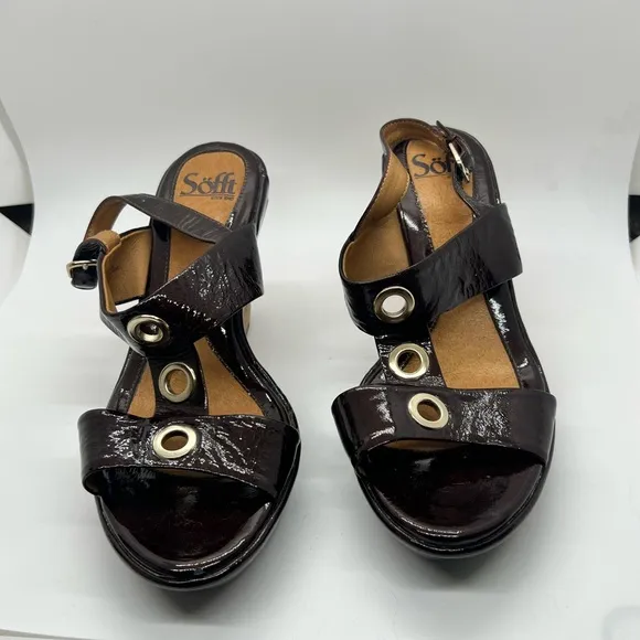 Sofft Patent Leather Grommet Cork Wedges