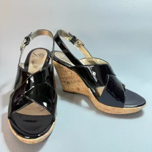 Sofft Zita Black Patent Leather and Tan Cork Slingback Wedge Sandals 8M