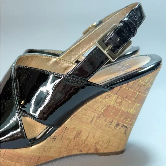 Sofft Zita Black Patent Leather and Tan Cork Slingback Wedge Sandals 8M