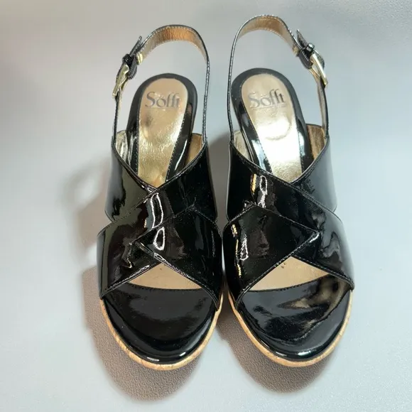 Sofft Zita Black Patent Leather and Tan Cork Slingback Wedge Sandals 8M