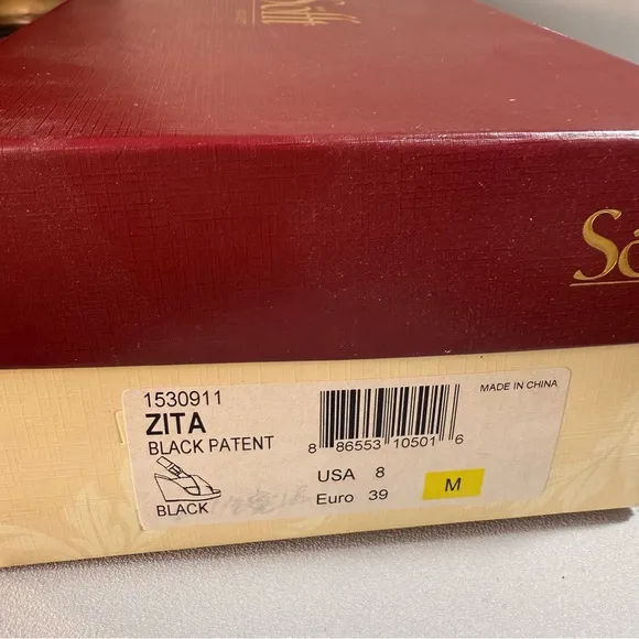 Sofft Zita Black Patent Leather and Tan Cork Slingback Wedge Sandals 8M