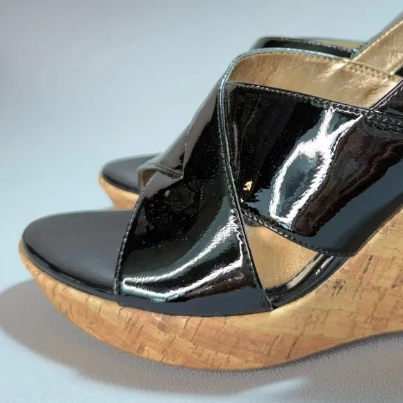 Sofft Zita Black Patent Leather and Tan Cork Slingback Wedge Sandals 8M
