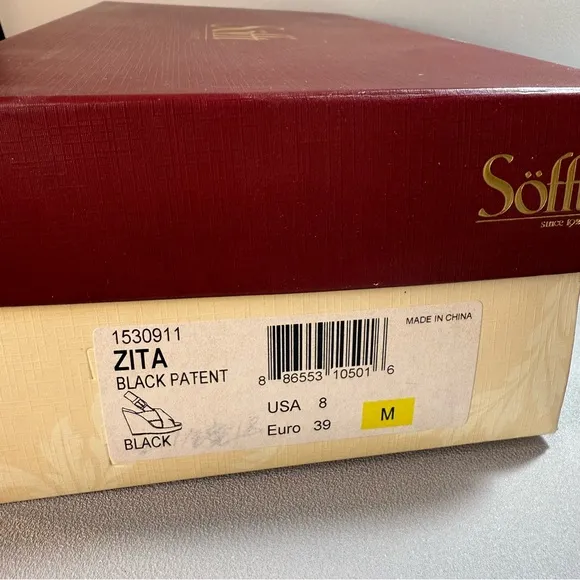 Sofft Zita Black Patent Leather and Tan Cork Slingback Wedge Sandals 8M