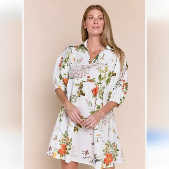 Sofia Made In Italy Dress Puff Sleeve Floral Mini White Orange Dress Resort Wear
