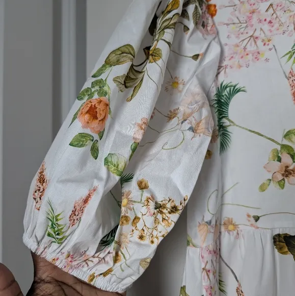 Sofia Made In Italy Dress Puff Sleeve Floral Mini White Orange Dress Resort Wear