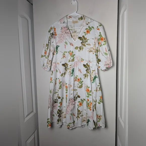 Sofia Made In Italy Dress Puff Sleeve Floral Mini White Orange Dress Resort Wear
