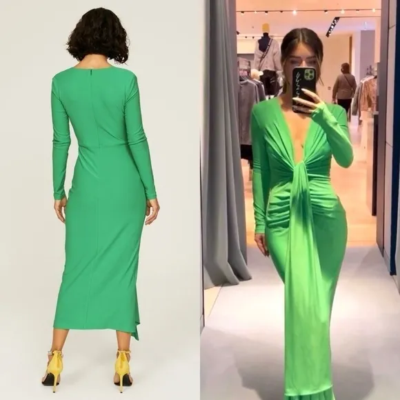 SOLACE LONDON Long Sleeve Draped Tie Plunge V-Neck Ruched Sheath Midi Dress 2