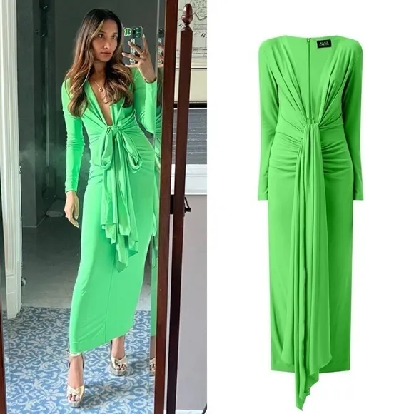 SOLACE LONDON Long Sleeve Draped Tie Plunge V-Neck Ruched Sheath Midi Dress 2