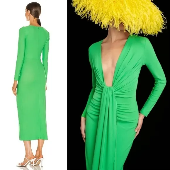 SOLACE LONDON Long Sleeve Draped Tie Plunge V-Neck Ruched Sheath Midi Dress 2