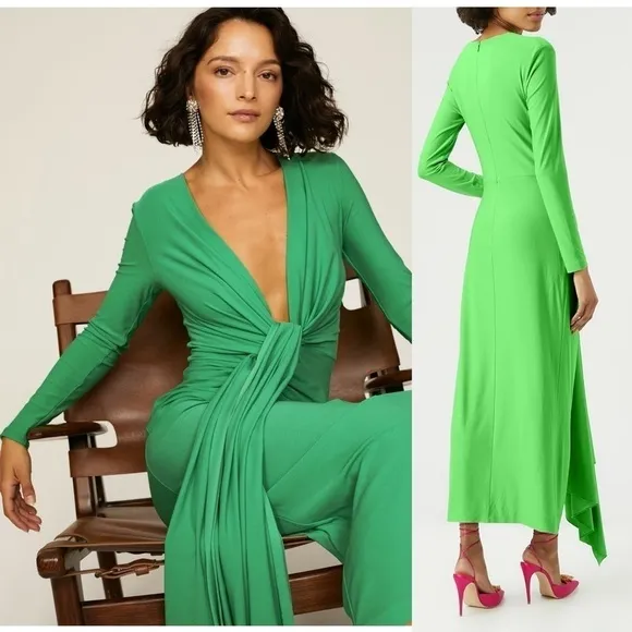 SOLACE LONDON Long Sleeve Draped Tie Plunge V-Neck Ruched Sheath Midi Dress 2