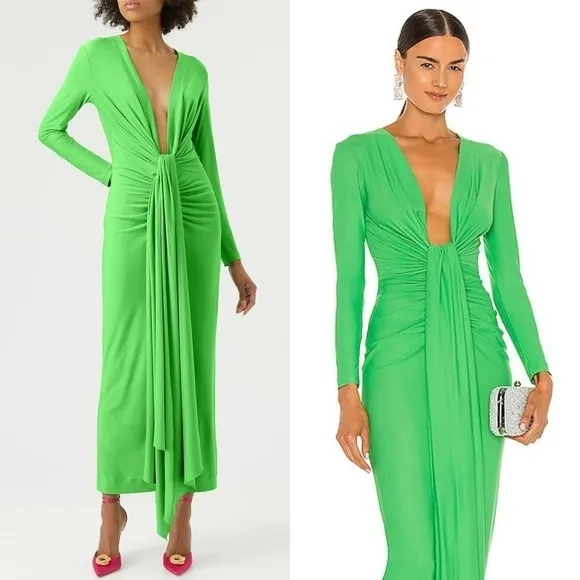 SOLACE LONDON Long Sleeve Draped Tie Plunge V-Neck Ruched Sheath Midi Dress 2