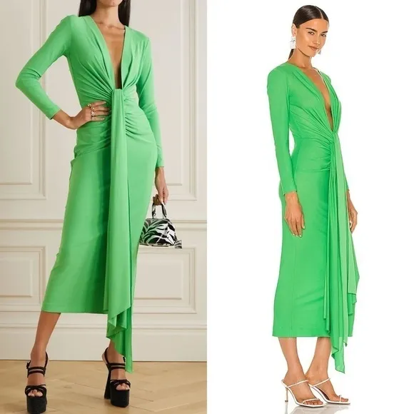 SOLACE LONDON Long Sleeve Draped Tie Plunge V-Neck Ruched Sheath Midi Dress 2
