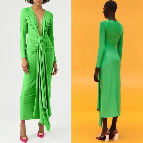 SOLACE LONDON Long Sleeve Draped Tie Plunge V-Neck Ruched Sheath Midi Dress 2