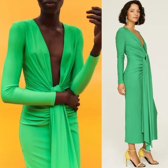 SOLACE LONDON Long Sleeve Draped Tie Plunge V-Neck Ruched Sheath Midi Dress 2