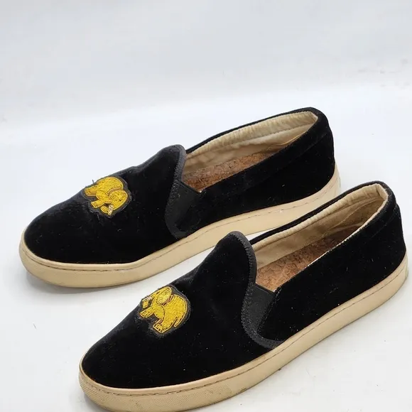 SOLUDOS Black Slip On Velvet Gold Beaded Embroidered Elephant Sneakers Size 9