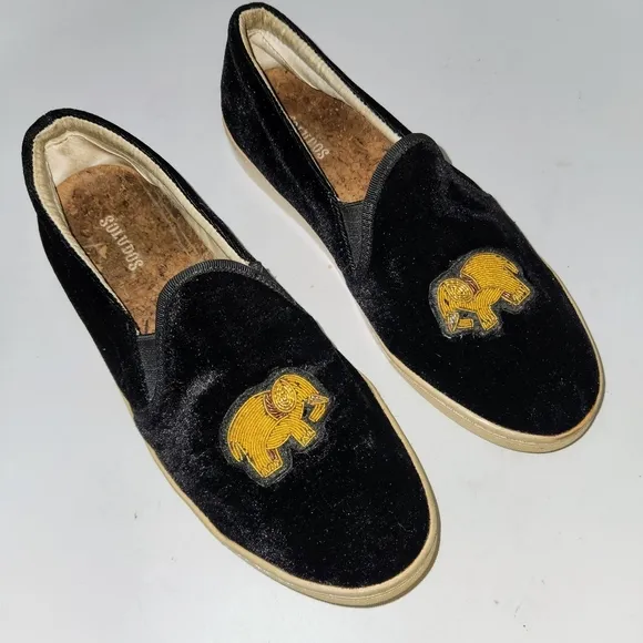 SOLUDOS Black Slip On Velvet Gold Beaded Embroidered Elephant Sneakers Size 9