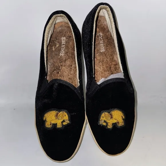 SOLUDOS Black Slip On Velvet Gold Beaded Embroidered Elephant Sneakers Size 9