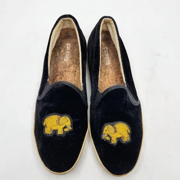 SOLUDOS Black Slip On Velvet Gold Beaded Embroidered Elephant Sneakers Size 9