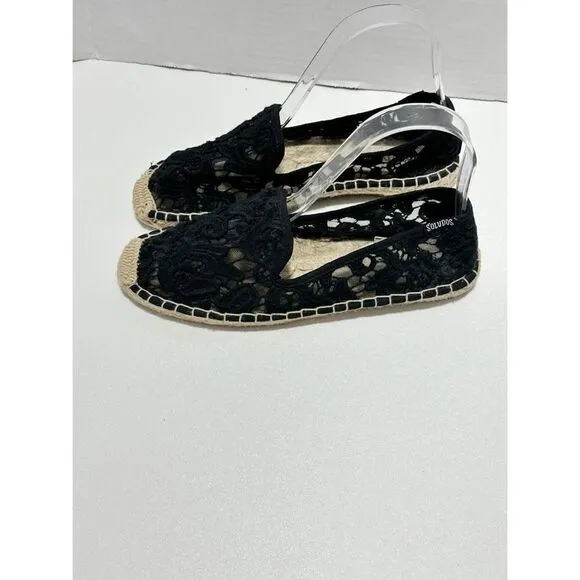 Soludos Women's Tulip Lace Slip-On Comfort Jute Espradille Flats Black Size 7