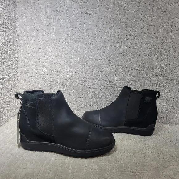 Sorel Evie II Women's Size US 9.5 Black Leather Waterproof Side Zip Ankle Boots.