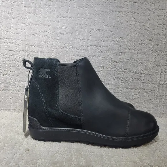 Sorel Evie II Women's Size US 9.5 Black Leather Waterproof Side Zip Ankle Boots.
