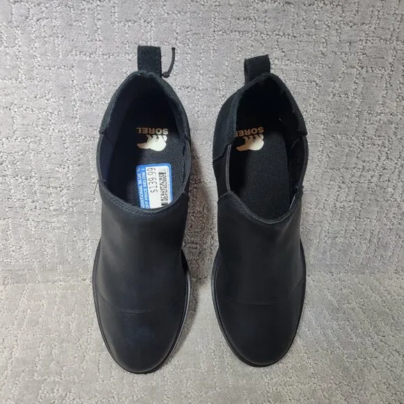 Sorel Evie II Women's Size US 9.5 Black Leather Waterproof Side Zip Ankle Boots.