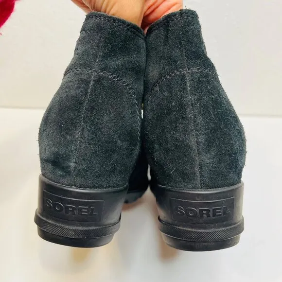 Sorel Evie Zip Black Suede Ankle black boots wedge comfort booties Size 9.5