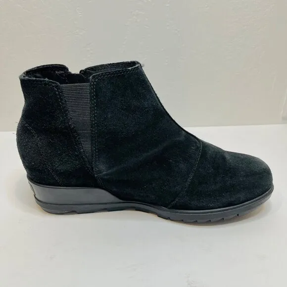 Sorel Evie Zip Black Suede Ankle black boots wedge comfort booties Size 9.5