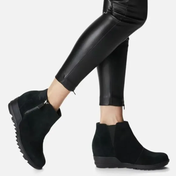 Sorel Evie Zip Black Suede Ankle black boots wedge comfort booties Size 9.5