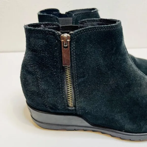 Sorel Evie Zip Black Suede Ankle black boots wedge comfort booties Size 9.5