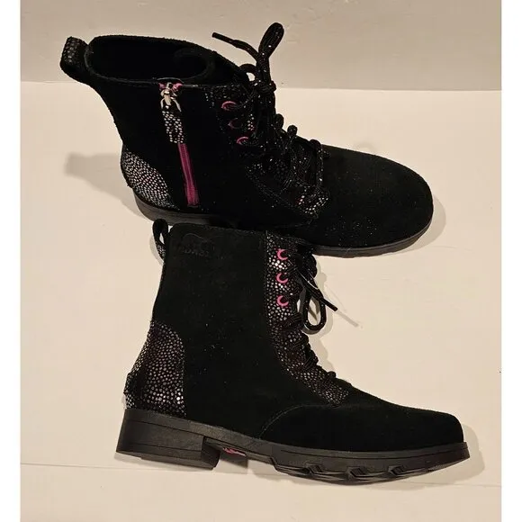 Sorel Girl's Black Emelie Lace Up Iridescent Polka Dot Boots Shoes Size 5